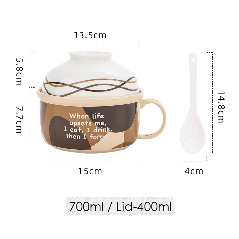 Ceramic Ramen Bowl and Little Rice Bowl Spoon Set, 700ml Instant Noodle Bowl, 400ml Oatmeal Bowl, White Spoon Microwave Safe